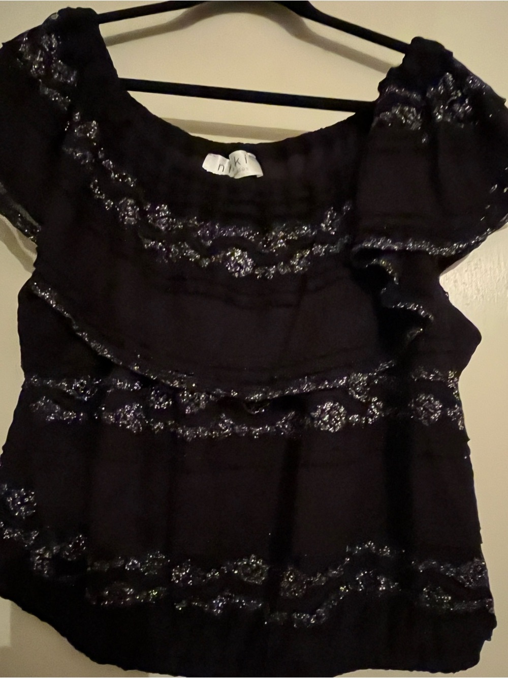 Black Metallic-Trim Ruffled Crop Top, 1x